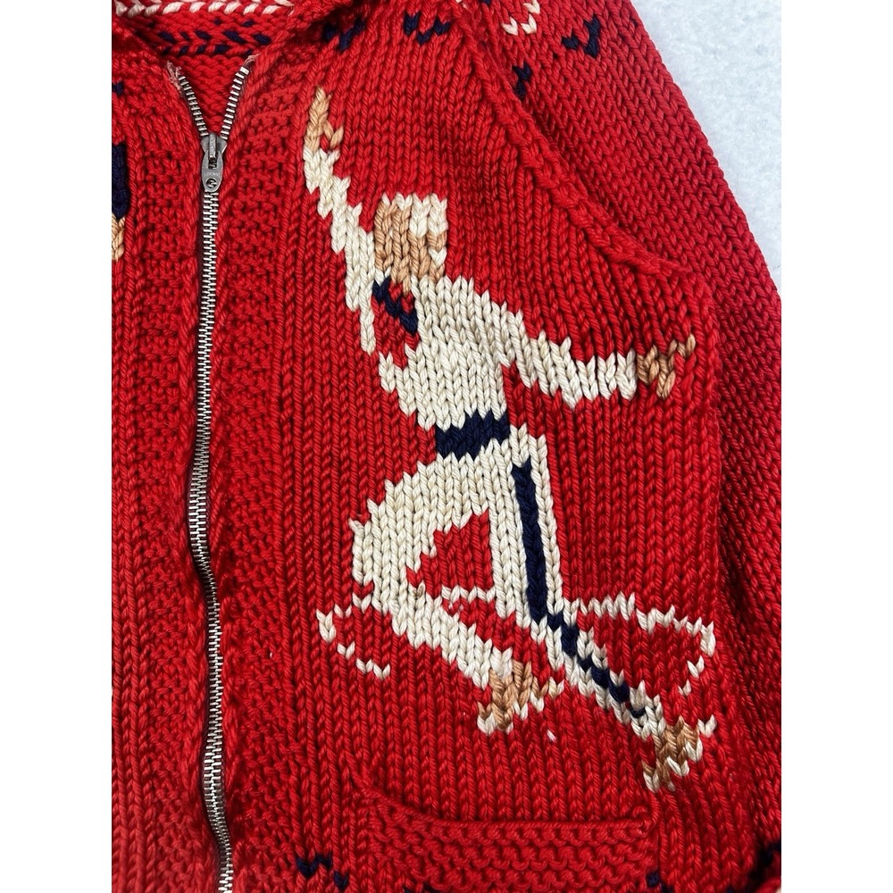 Vintage Mary Maxim Cowichan Figure Skating, Wool, Hand Knit Red Zip Up Sweater - Picture 4 of 16